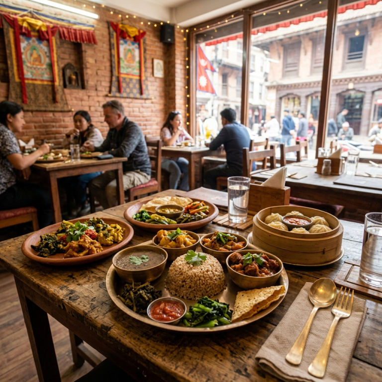 Traditional Nepali thali meal with rice, vegetables, sauces, and dumplings on a wooden table inside a restaurant.